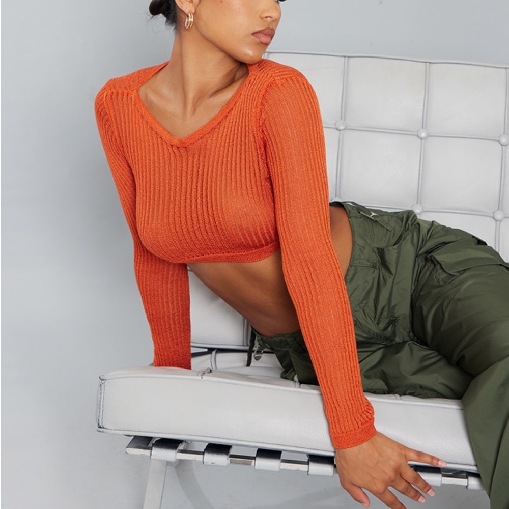 Bright Orange Fine Ladder Knitted Long Sleeve Crop Top